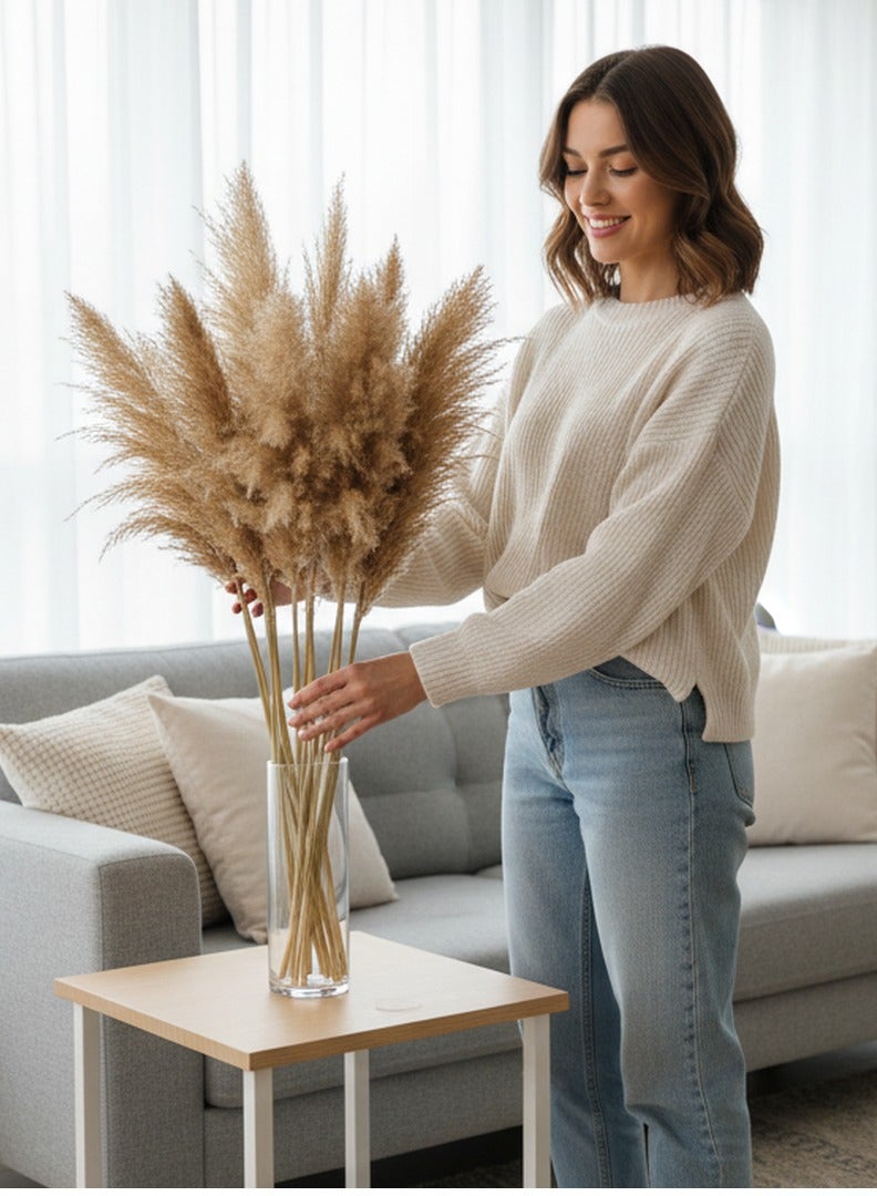 فانسي فلورز عشب بامباس طبيعي ناعم مجفف – سيقان بامباس منفوشة باللون البيج للديكور المنزلي والمناسبات 3 - Image 3